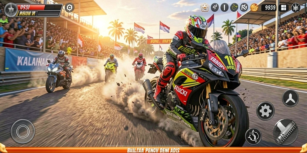 Tampilan dinamis dari gameplay balapan motor yang mendebarkan.