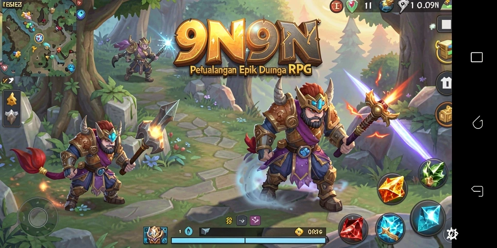 Screenshot gameplay 9N9N menampilkan pertempuran epik dan dunia yang luas.