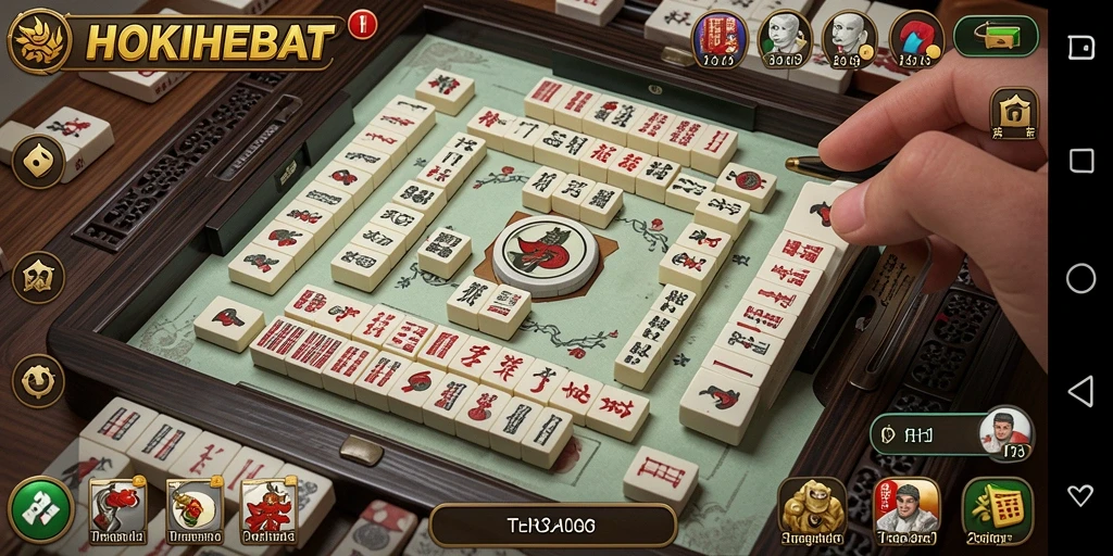 Screenshot gameplay HOKIHEBAT menampilkan suasana permainan Mahjong yang seru.