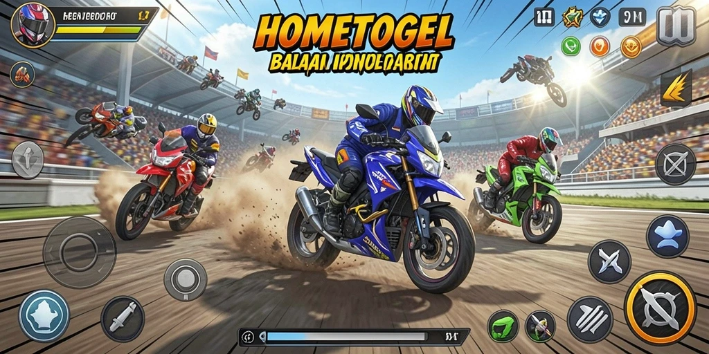 Tangkapan layar menunjukkan gameplay intens dari HOMETOGEL dengan balapan motor yang cepat.
