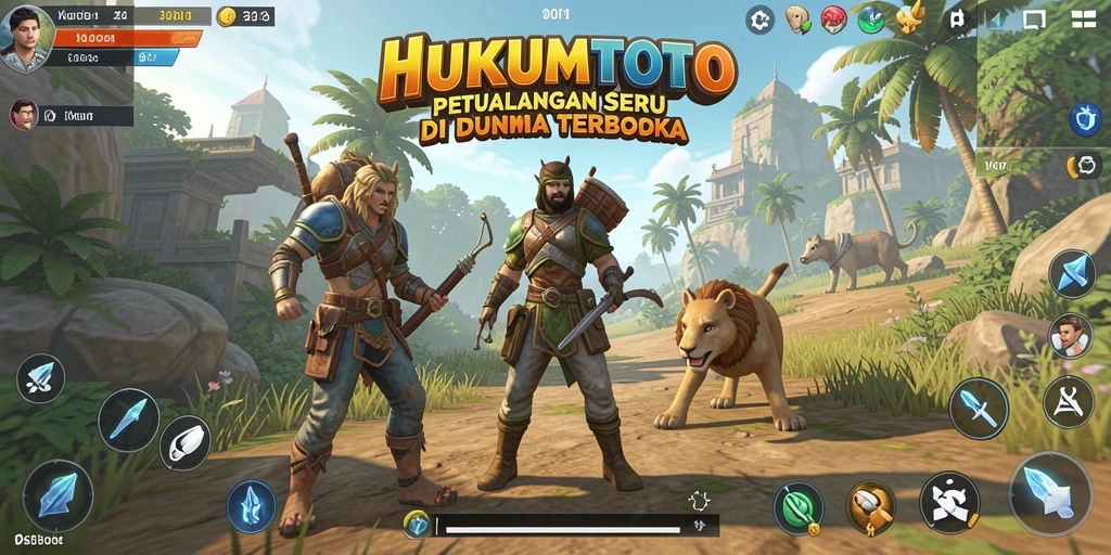 Screenshot gameplay HUKUMTOTO dengan pemandangan yang menakjubkan dan karakter-karakter yang hidup.