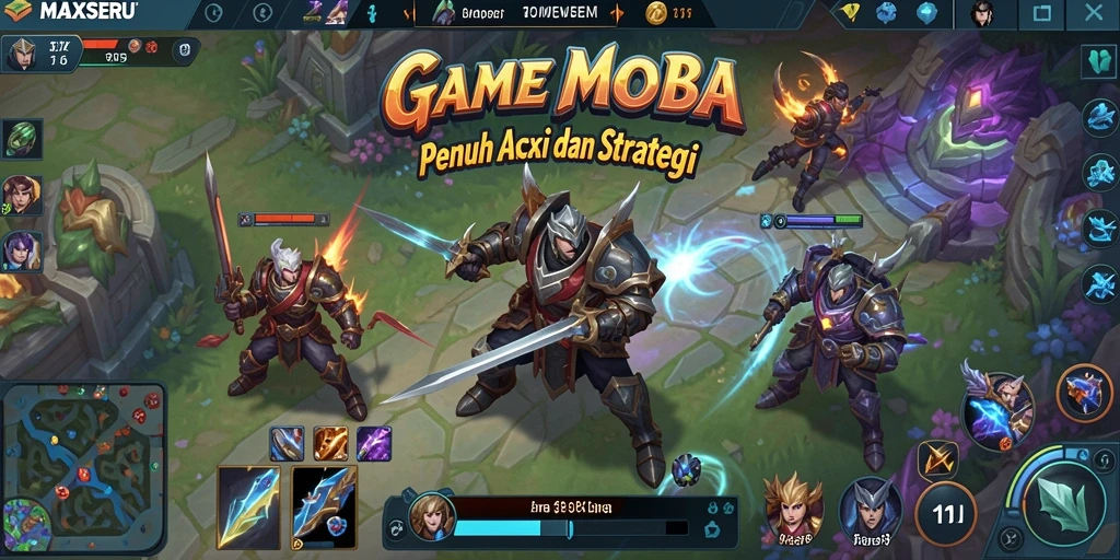 Screenshot gameplay MAXSERU menampilkan pertarungan seru antar pahlawan.