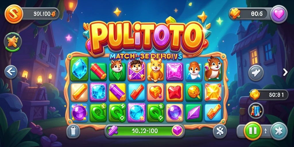 Tampilan gameplay seru PULITOTO dengan level Match-3 yang berwarna-warni.