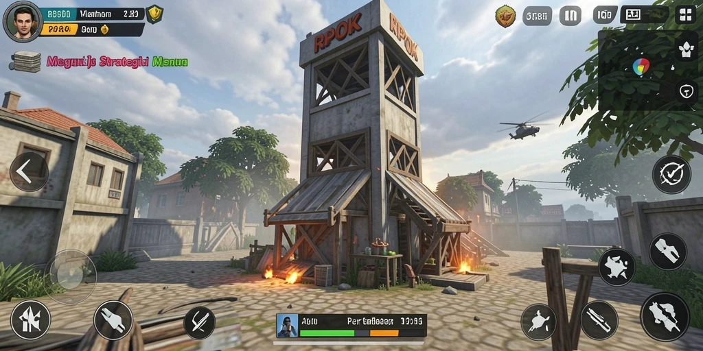 Tampilan gameplay RPOK yang menarik dengan menara dan musuh.