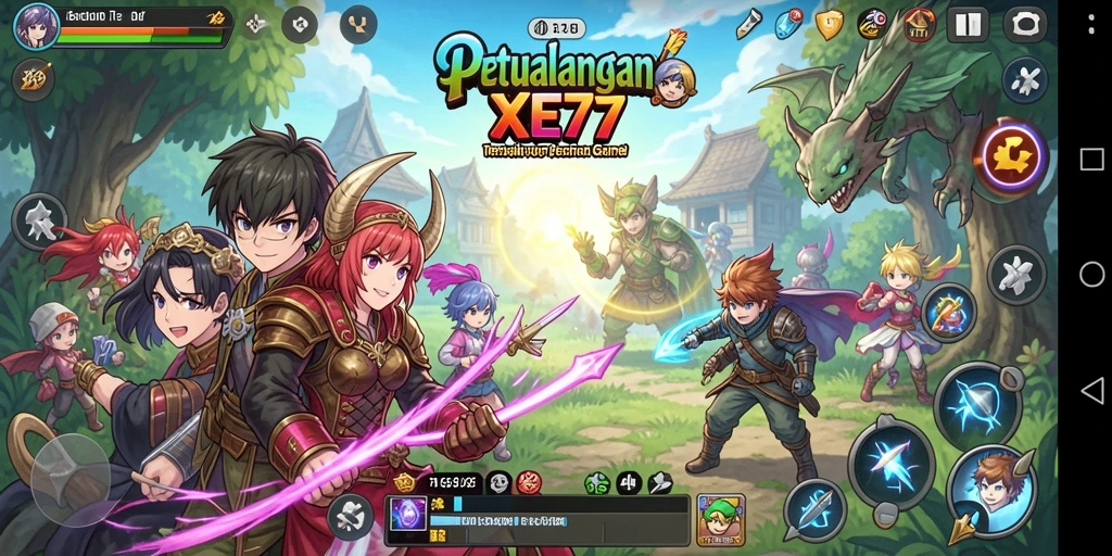 Screenshot utama XE77 menampilkan aksi seru dalam dunia anime.