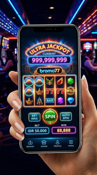 Screenshot aplikasi bromo77 menunjukkan kategori yang beragam dan pilihan aplikasi.